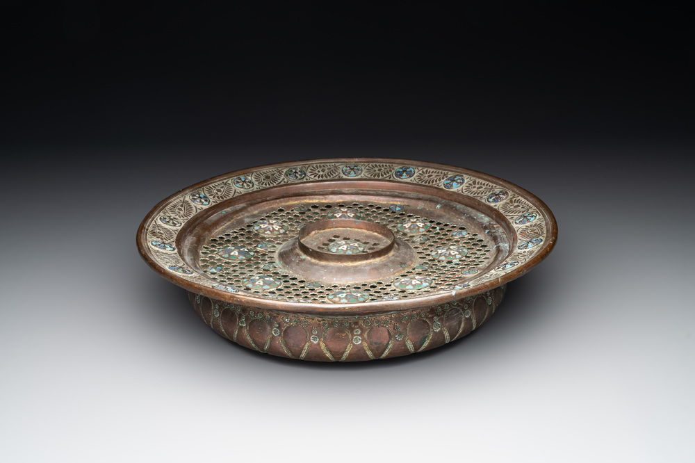 An Ottoman enamelled gilt copper or 'tombak' basin, 18th C.