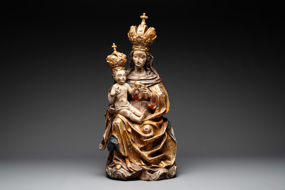 A gilt and polychromed wooden Madonna with Child, probably Spain, 18th C.