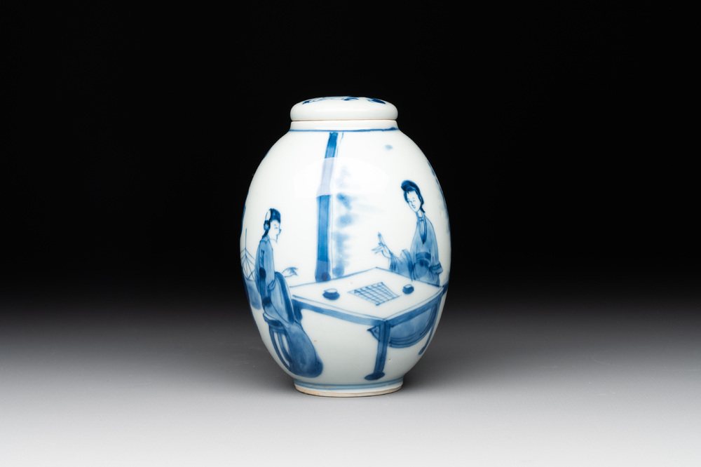 A Chinese blue and white 'ladies playing go' tea caddy and cover, Kangxi