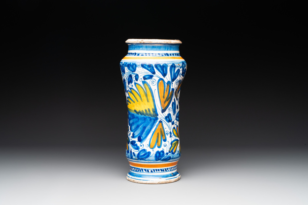 A polychrome French maiolica albarello, Lyon, 2nd half 16th C.