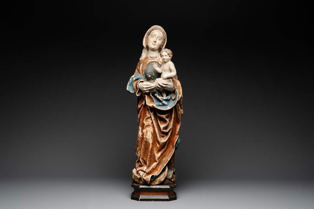 A gilt and polychromed wooden sculpture of Madonna with Child, France or Southern Netherlands, 18th C.