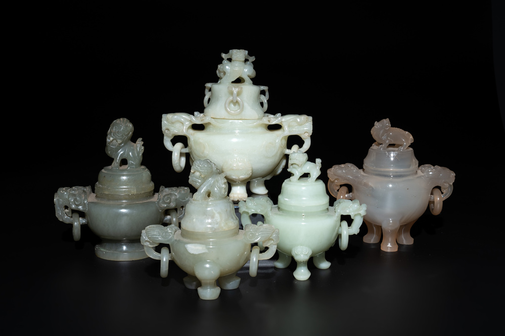 Five Chinese jade and agate incense burners and covers, 20th C.