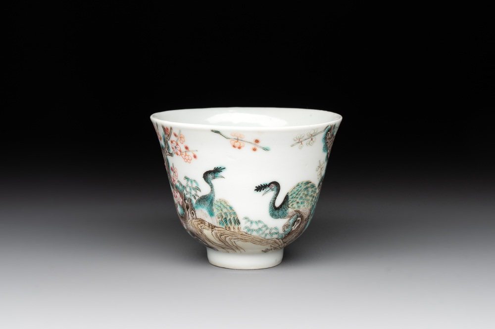 A fine Chinese falangcai 'peacock and plum blossom' cup, Yongzheng mark and of the period