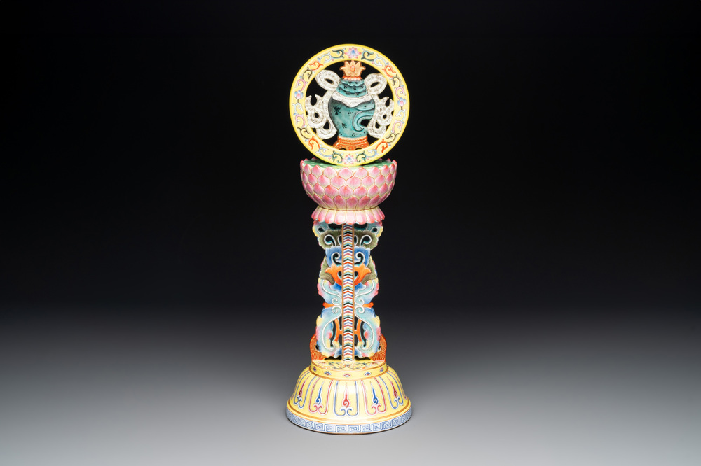 A large Chinese famille rose Buddhist emblem altar ornament, Qianlong mark and of the period