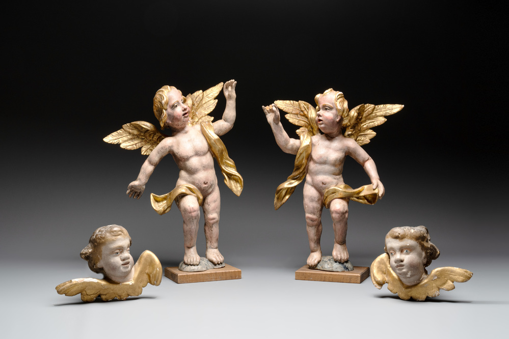 Two pairs of gilt and polychromed wooden figures of angels, Germany, 18/19th C.