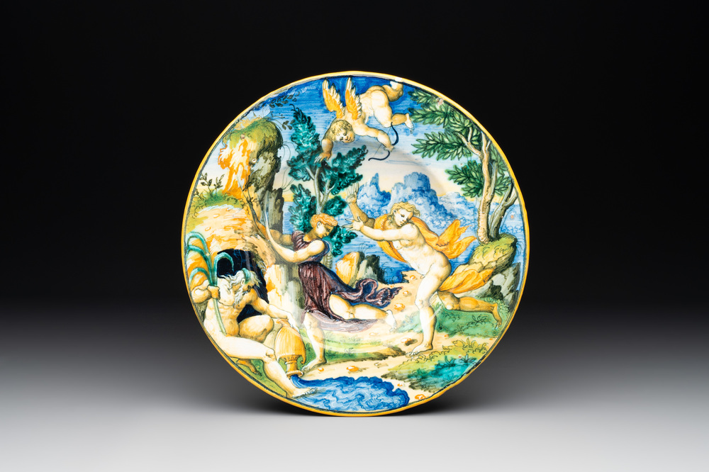 A fine Italian maiolica 'Apollo and Daphne' istoriato plate, prob. Durantino workshop, Urbino, ca. 1550