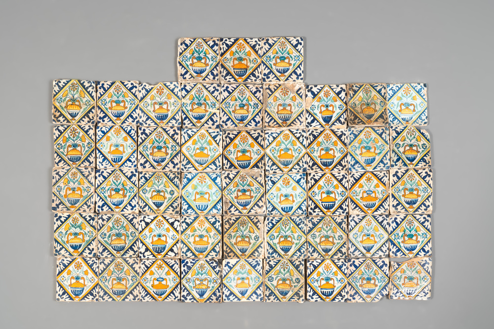 48 polychrome Dutch Delft maiolica 'flowerpot' tiles, early 17th C.