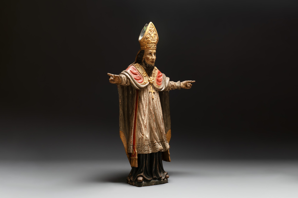 A gilt and polychromed oak figure of a bishop, Southern Netherlands or France, 18th C.