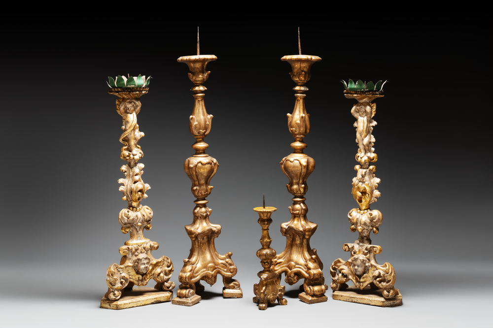 Five gilt-lacquered Baroque candlesticks, probably Germany, 18/19th C.