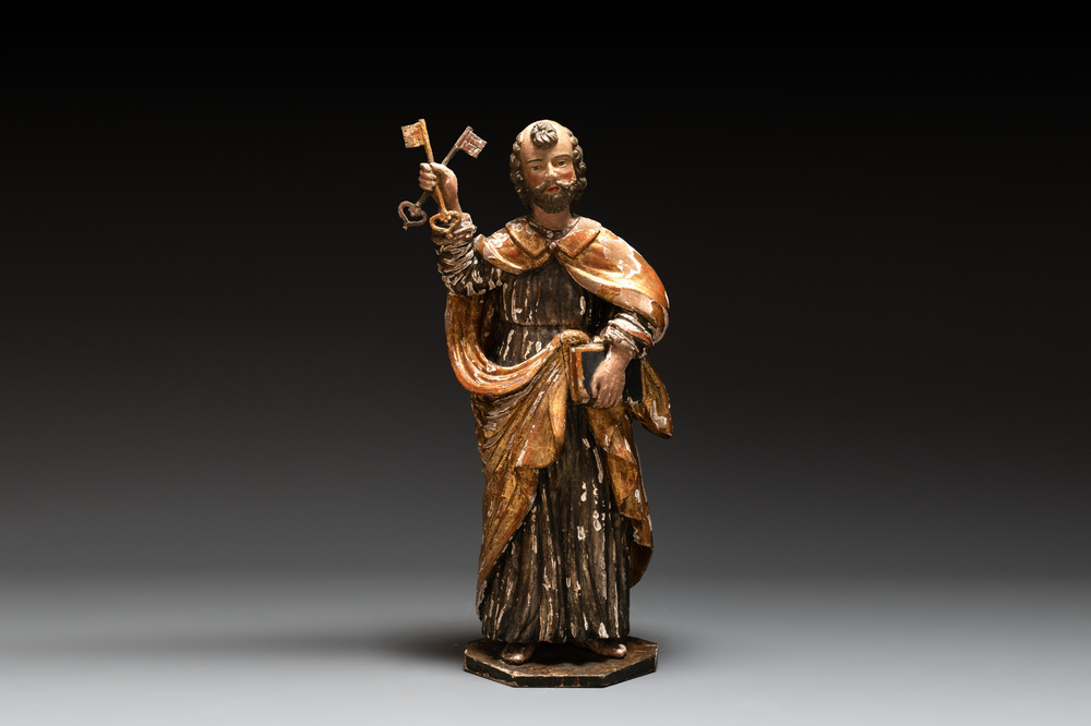 A gilt and polychromed wooden figure of Saint Peter, Germany, 18th C.