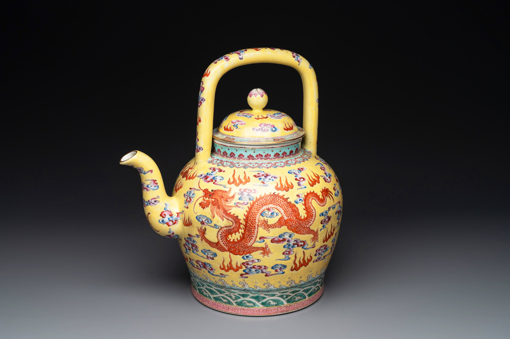 A large Chinese yellow-ground famille rose 'dragons among the clouds' teapot, Qianlong mark, 20th C.