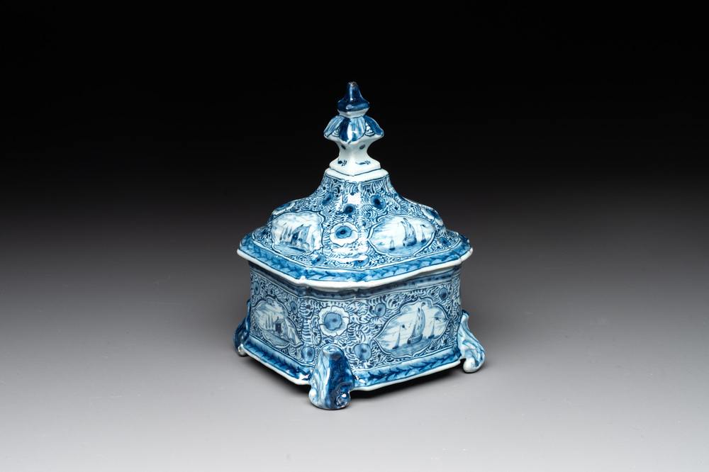 A blue and white Dutch Delft tobacco box and cover, 18th C.