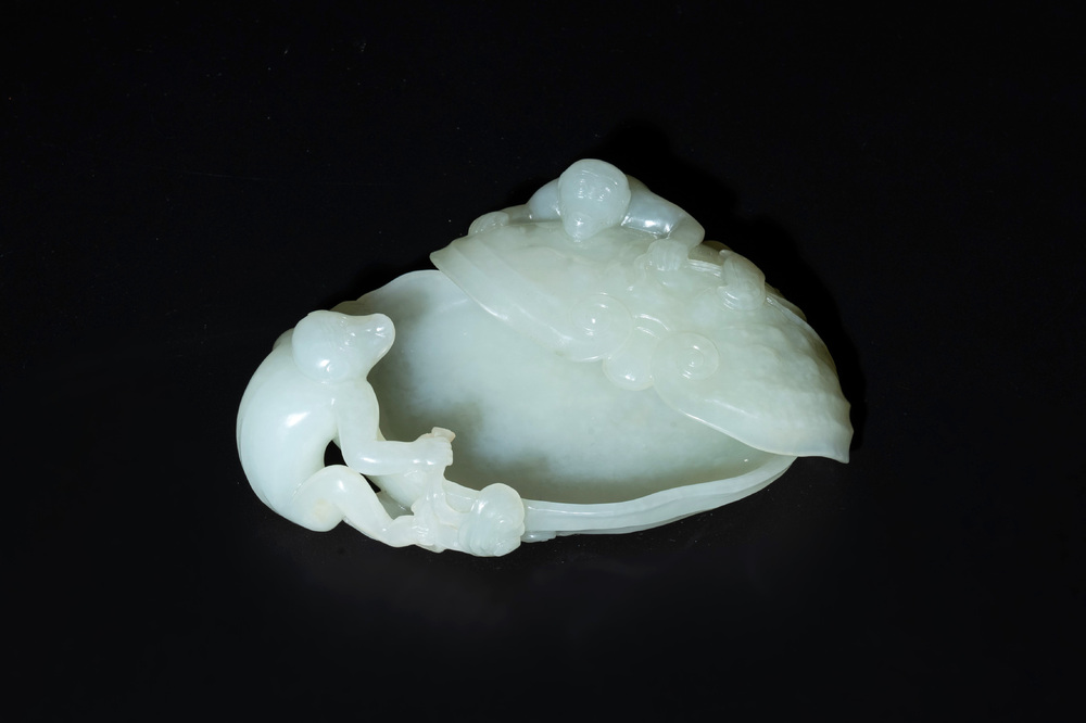 A Chinese white jade 'monkey and lingzhi' brush washer, 19/20th C.