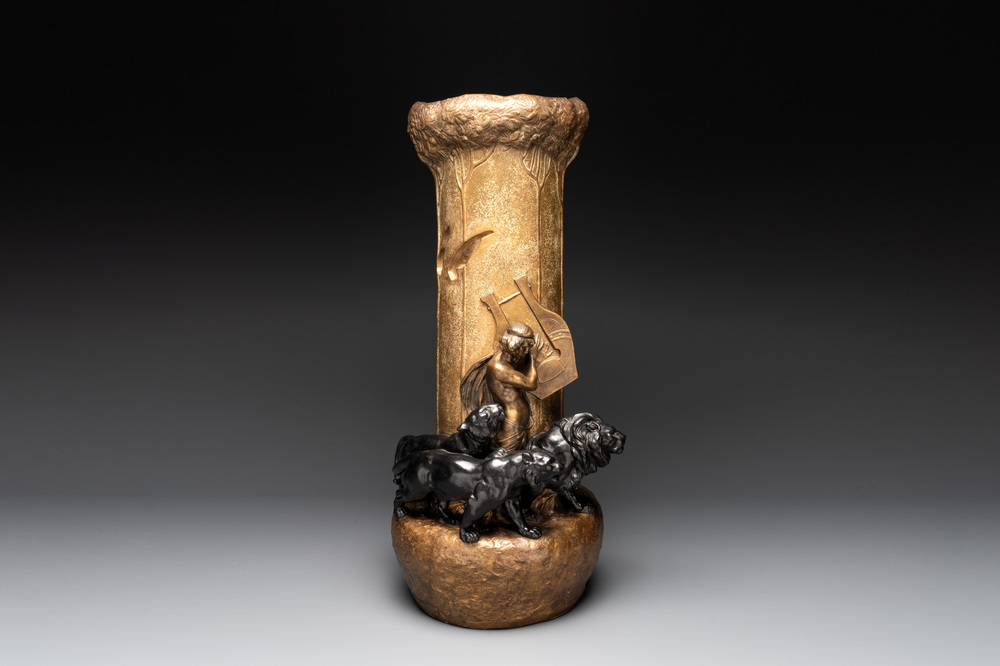 An Art Nouveau terracotta 'Orpheus with Lions' vase by Adolphe-Jean Lavergne for Goldscheider, ca. 1900
