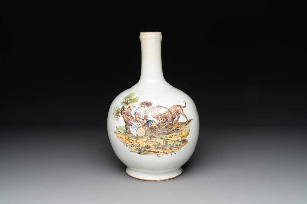 An unusual polychrome bottle vase with a monkey and a dog, Italy or Central Europe, 18th C.
