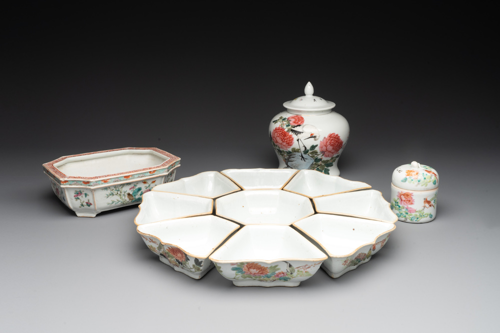 A Chinese famille rose sweetmeat set, a covered jar, a covered box and a jardini&egrave;re, 19th C.