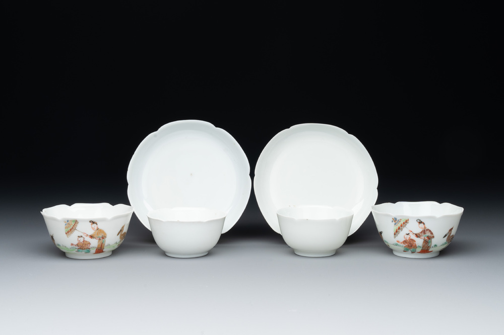 A pair of Chinese eggshell white-glazed cups and saucers, and two famille rose cups, 18th C.