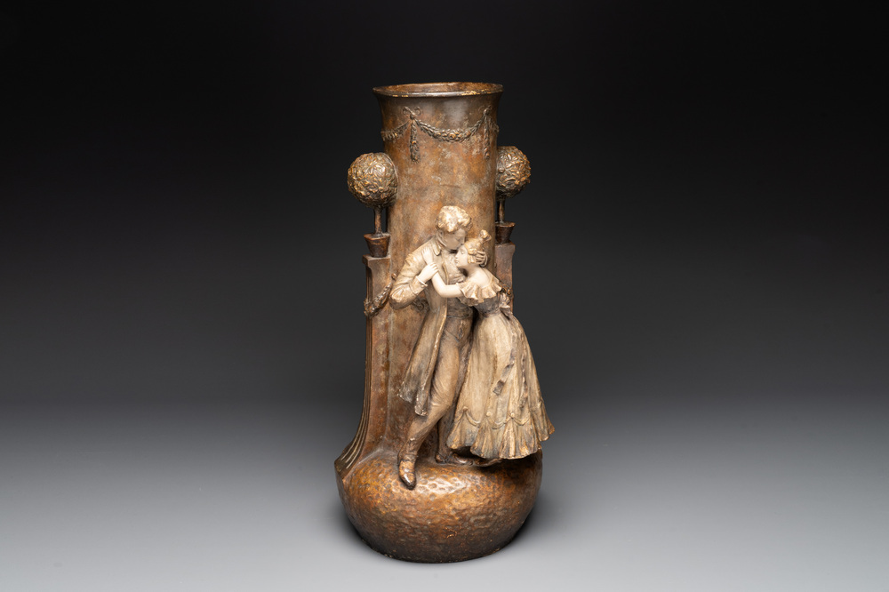 An Art Nouveau terracotta 'Amorous Couple' vase by  Adolphe-Jean Lavergne for Goldscheider, ca. 1900