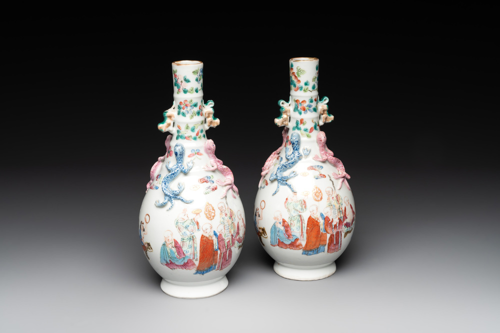 A pair of Chinese famille rose '18 Luohan' bottle vases, 19th C.