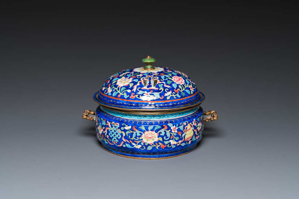 A Chinese Canton enamel three-piece warming bowl or tureen, Qianlong