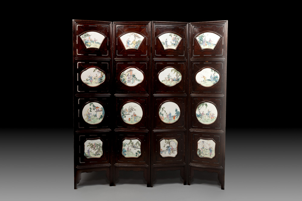 A Chinese four-fold wooden room divider with famille rose 'Romance of the Western Chamber' plaques, Republic