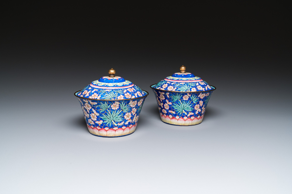 A pair of Chinese Canton enamel bowls and covers with floral design, Qianlong