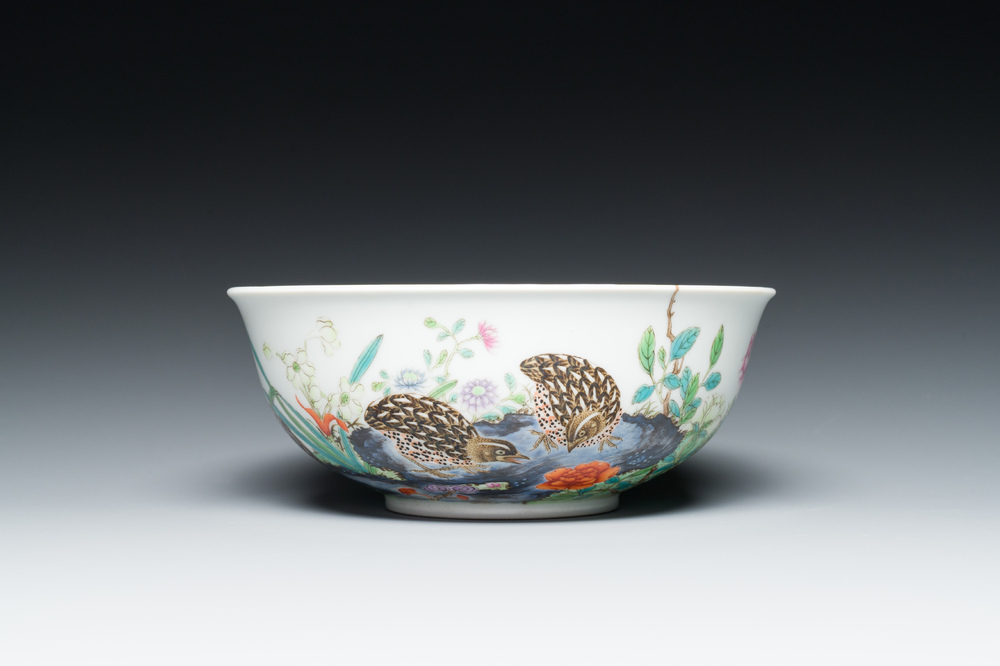 A Chinese famille rose 'quails' bowl, Yongzheng mark, 20th C.