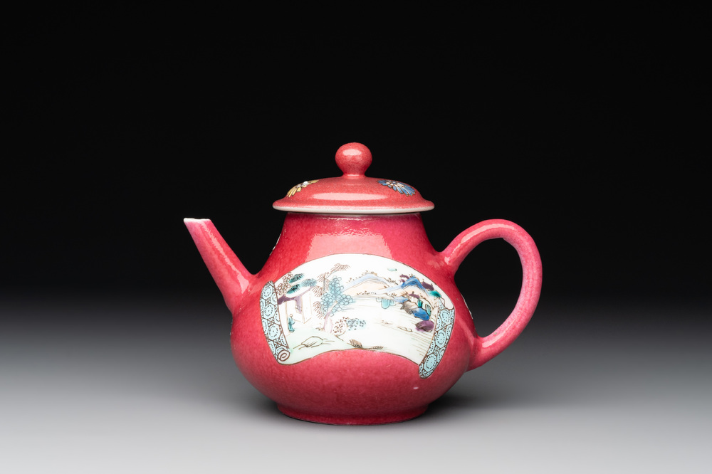 A Chinese famille rose ruby-ground 'landscape scroll' teapot, Yongzheng