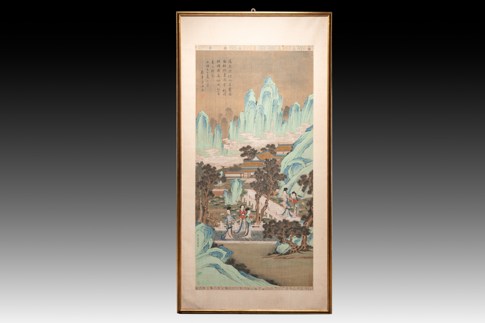After Qiu Ying 仇英 (1494-1552): 'Mountainous landscape', ink and colour on silk, 19/20th C.