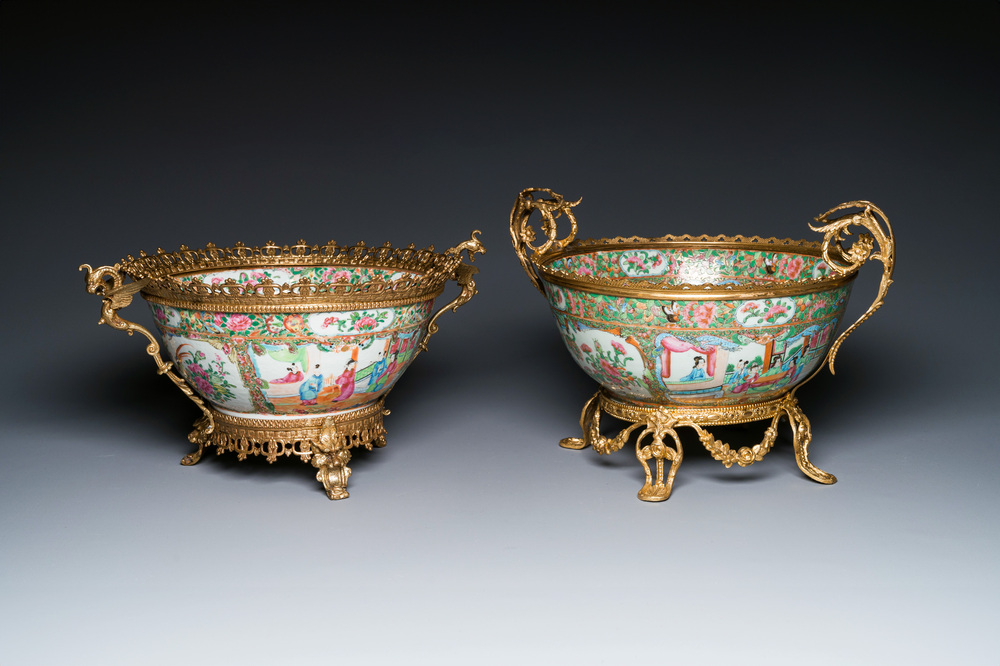 Two Chinese Canton famille rose gilt-bronze-mounted bowls, 19th C.