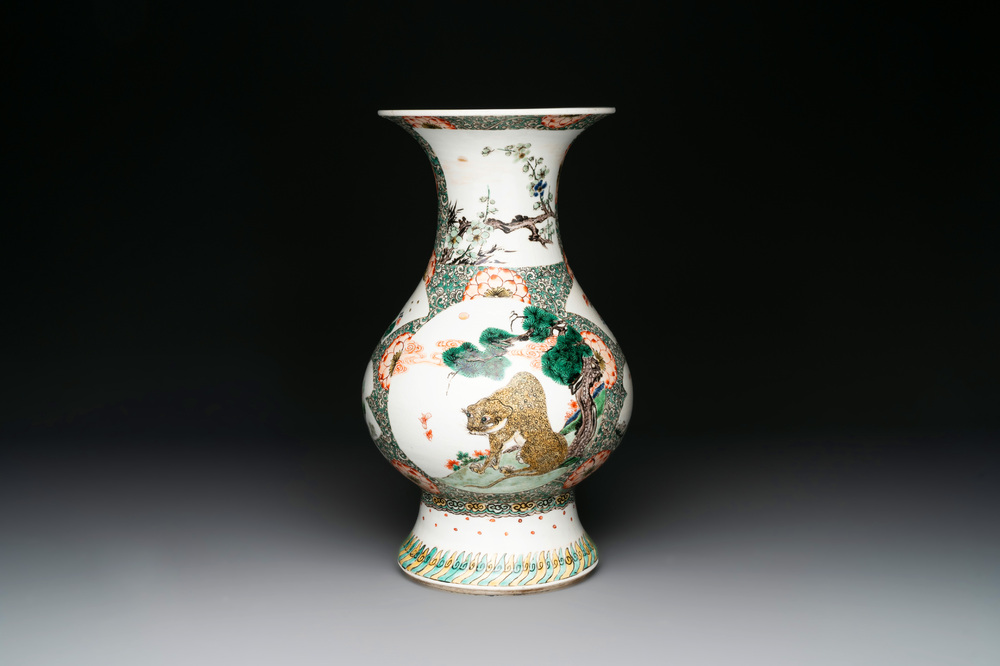 A very rare Chinese famille verte 'tiger and phoenix' vase, incised Chenghua mark, Kangxi