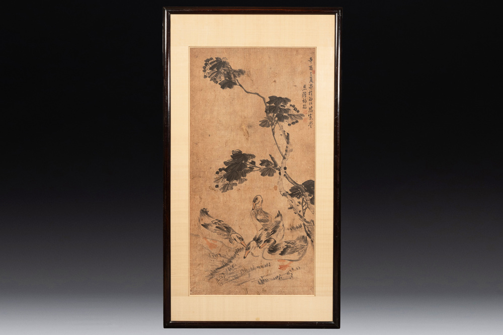 Yang Han 楊翰 (1812-1879): Four geese below a hibiscus tree, ink and colour on paper, dated 1861