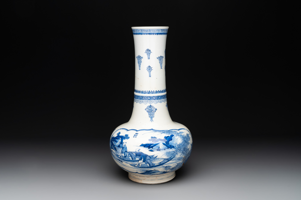 A Chinese blue and white 'fishermen' bottle vase, signed Xiaoshan 曉山, artemisia leaf mark, Kangxi