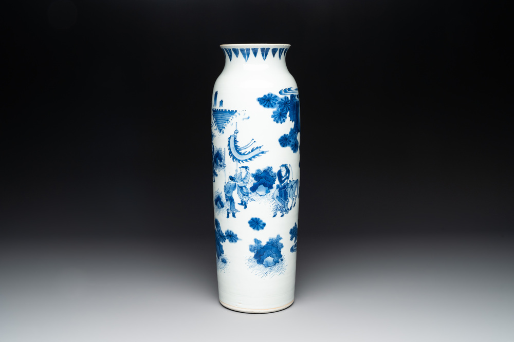 A fine Chinese blue and white sleeve vase with narrative design, Transitional period