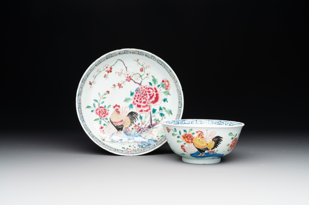 A Chinese famille rose 'rooster' plate and a bowl, Yongzheng