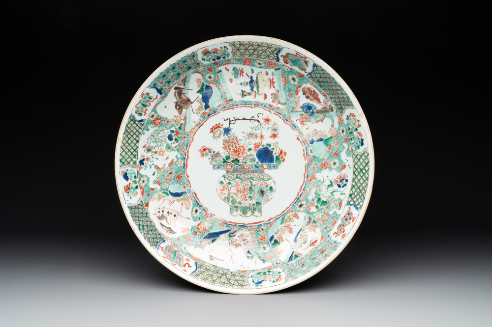 A Chinese famille verte 'flower basket' dish, artemisia leaf mark, Kangxi