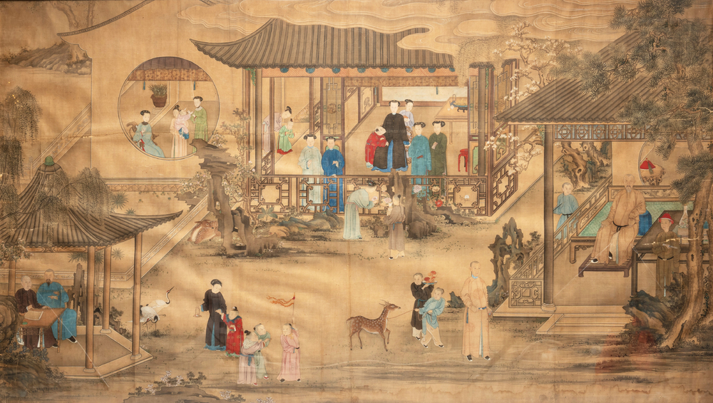 Chinese School: 'Vibrant court scene with an emperor', ink and colour on silk, 18th C.