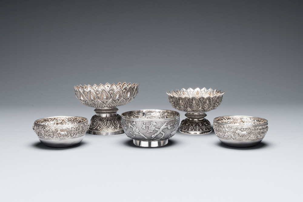 Three silver bowls and two tazzas, China, Thailand and Burma, 19/20th C.