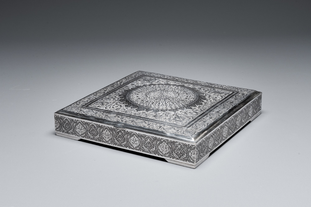 A square silver box with floral design, Iran, 20th C.