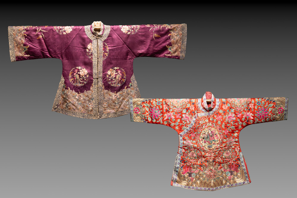 Two Chinese embroidered silk children's robes, 19th C.