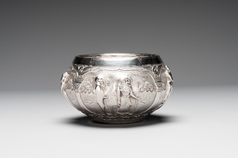 A repouss&eacute; silver bowl depicting priests and Egyptian gods, Alexandria, 1919-1920
