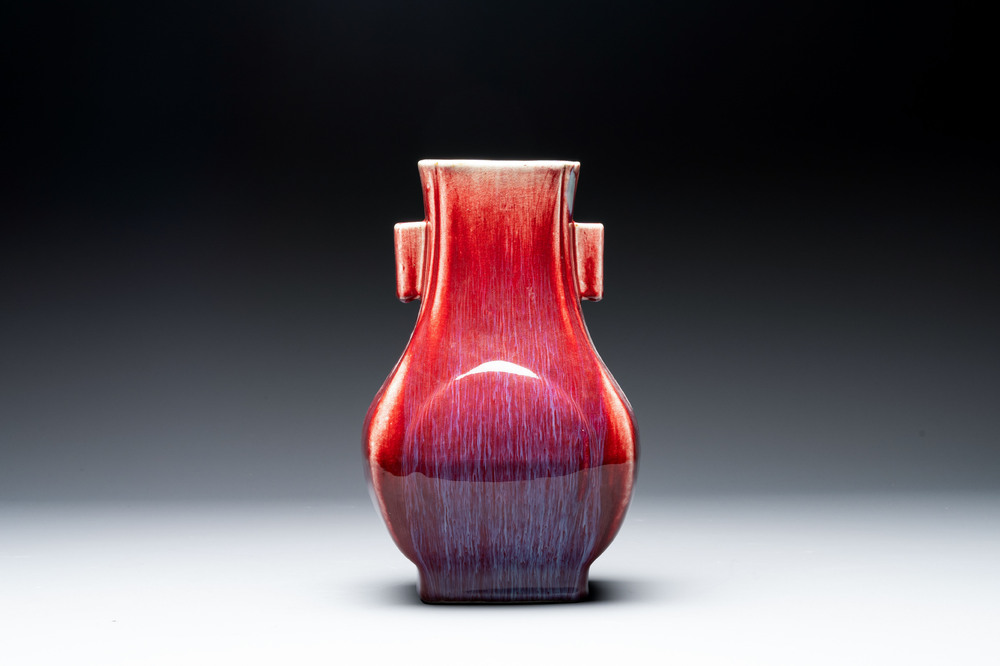 A Chinese flamb&eacute;-glazed 'hu' vase, Qianlong mark, 19/20th C.