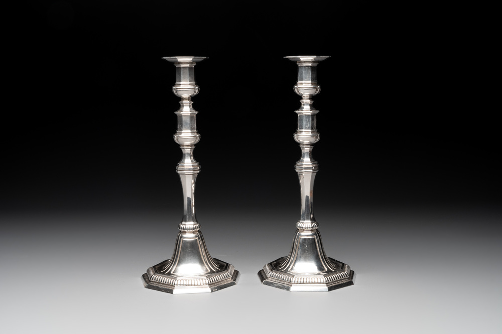 A pair of silver Louis XIV-style candle holders, Wolfers Fr&egrave;res, Brussels, 19/20th C.