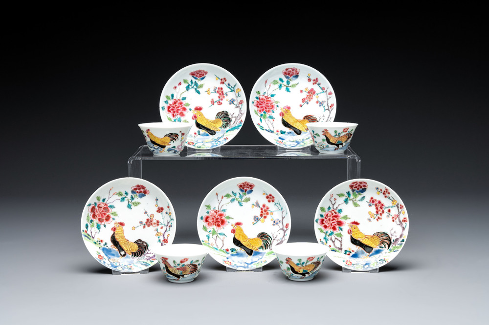 Four Chinese famille rose 'rooster' cups and five saucers, Yongzheng