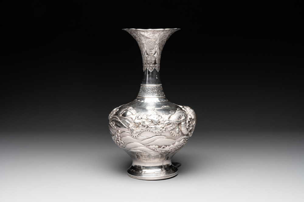 A Japanese silver 'dragon' vase, signed Mitsuhisa, Meiji, 19th C.