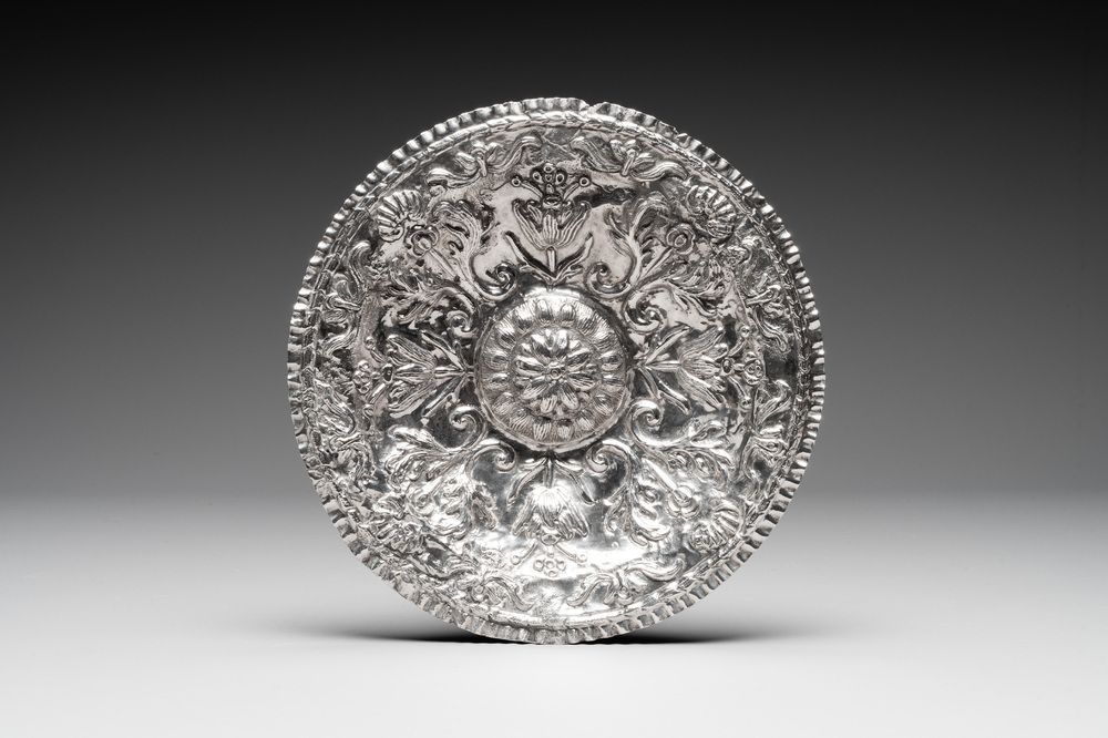 A repouss&eacute; silver dish with floral design, probably Southern Europe, 15/16th C.