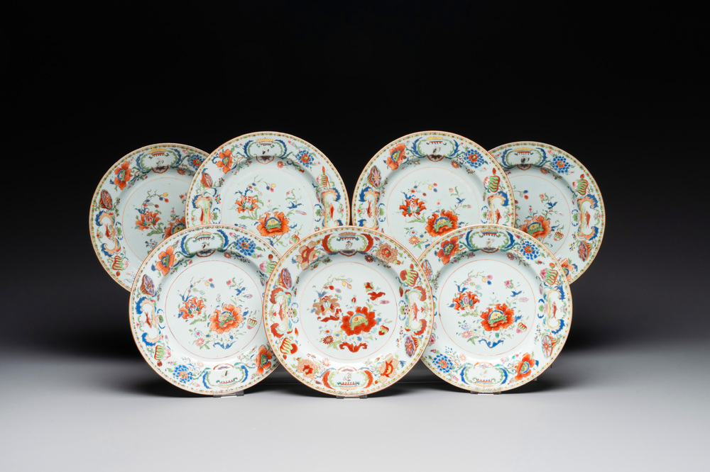 Seven Chinese famille rose 'Madame de Pompadour' plates, Qianlong, ca. 1745