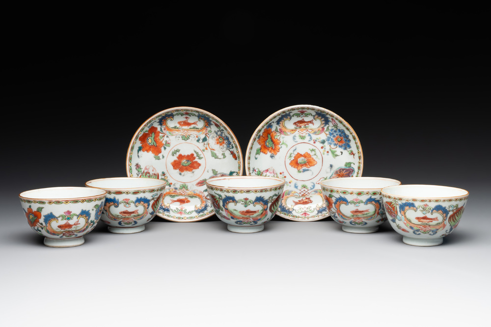 Five Chinese famille rose 'Madame de Pompadour' cups and two saucers, Qianlong, ca. 1745