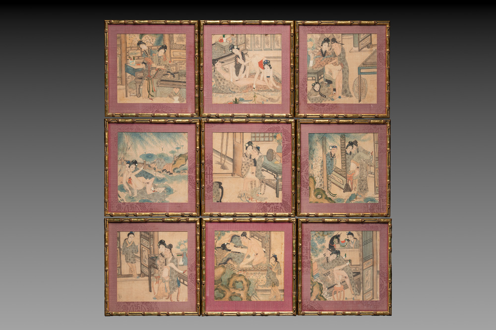Chinese School: Nine 'erotic' paintings, ink and colour on silk, 19th C.