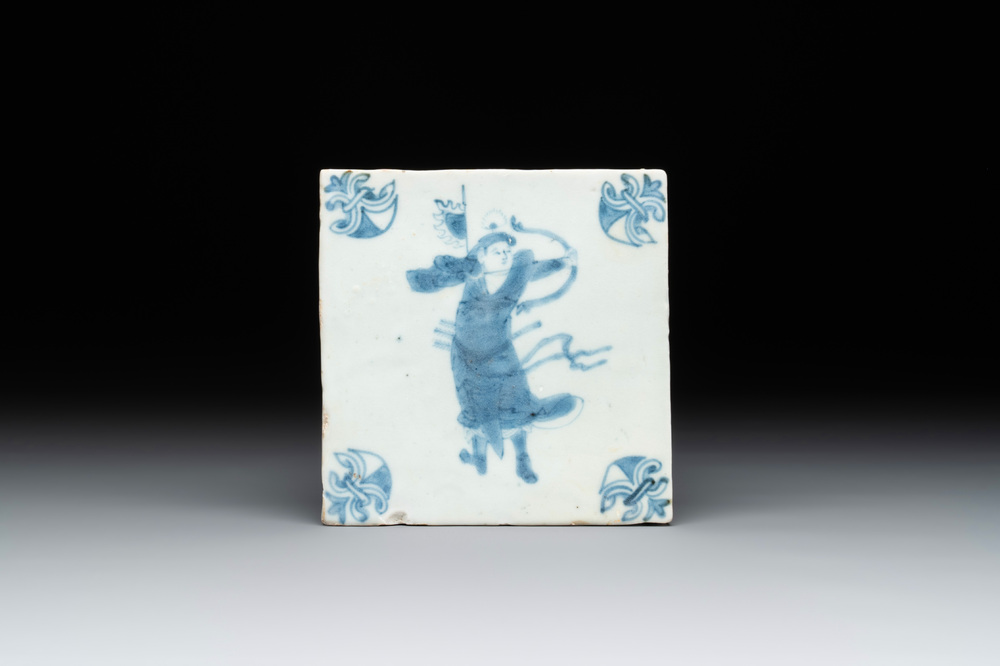 A Chinese blue and white 'archer' tile after a Dutch Delft example, Transitional period